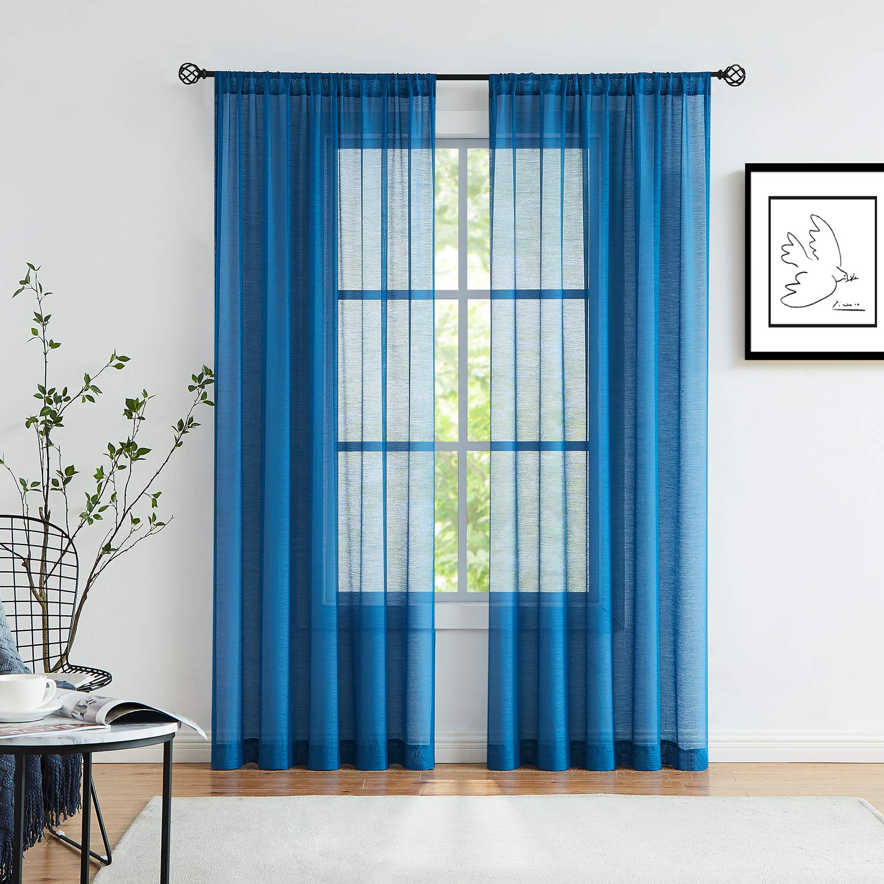 FMFUNCTEX Sheer Blue Curtains for Bedroom 96" Navy Slub Texture Light Filtering Voile Draperies for Garden Patio Linen-Look Breathable Sheer Window Panels Rod Pocket, 52" Wide 2 Pcs