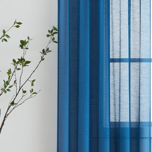 FMFUNCTEX Sheer Blue Curtains for Bedroom 96" Navy Slub Texture Light Filtering Voile Draperies for Garden Patio Linen-Look Breathable Sheer Window Panels Rod Pocket, 52" Wide 2 Pcs