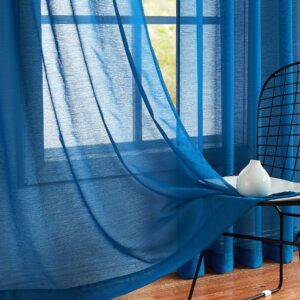 FMFUNCTEX Sheer Blue Curtains for Bedroom 96" Navy Slub Texture Light Filtering Voile Draperies for Garden Patio Linen-Look Breathable Sheer Window Panels Rod Pocket, 52" Wide 2 Pcs