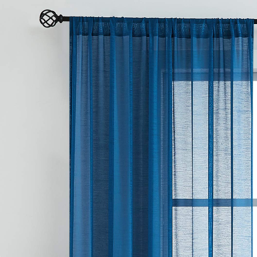 FMFUNCTEX Sheer Blue Curtains for Bedroom 96" Navy Slub Texture Light Filtering Voile Draperies for Garden Patio Linen-Look Breathable Sheer Window Panels Rod Pocket, 52" Wide 2 Pcs