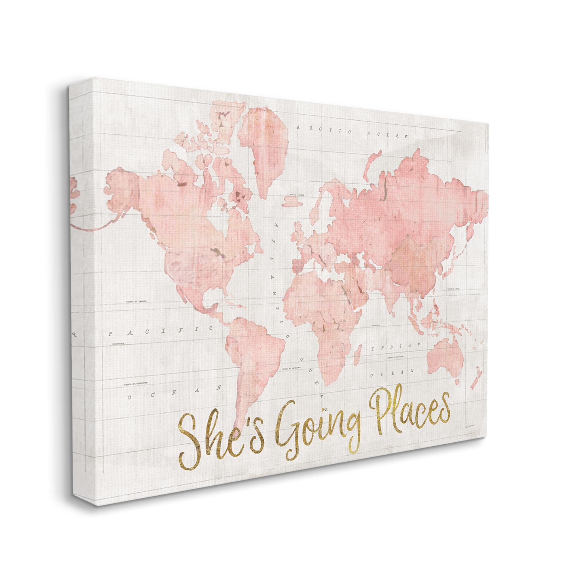 Stupell Industries She's Going Places Quote Pink Watercolor World Map, Canvas, ab-961_cn_16x20, 16 x 20