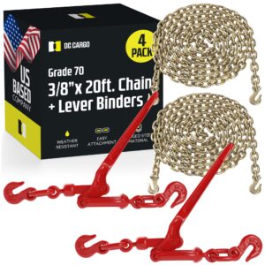 dc cargo chain binder kit (2 sets) | 3/8" grade 70 extra long 20 foot chain - and load binder set | heavy duty ratcheting chain and binder | load chain and binders – 6,600lb working load limit as set