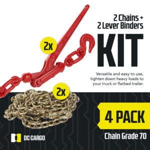 DC Cargo Chain Binder Kit (2 Sets) | 3/8" Grade 70 Extra Long 20 Foot Chain - and Load Binder Set | Heavy Duty Ratcheting Chain and Binder | Load Chain and Binders – 6,600lb Working Load Limit As Set