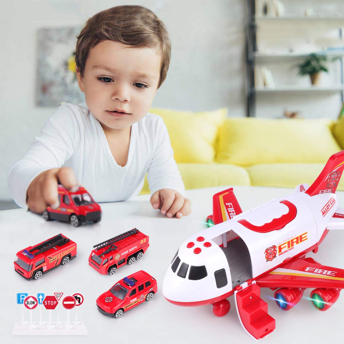 Airplane Toys, Cars Toys Set Fire Truck/Engineering Vehicle/Police Car Toys Christmas Birthday Gift for 3 4 5 6 Years Old Boys Toddlers Deformable Aircraft Storage Cars Toy (red in Blue Police Box)