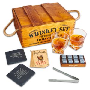 mixology whiskey gift set, whiskey glass set with rustic wooden crate, 8 granite whiskey rocks chilling stones, 10oz whiskey glasses, gift for men, dad, husband, boyfriend - jameson brown