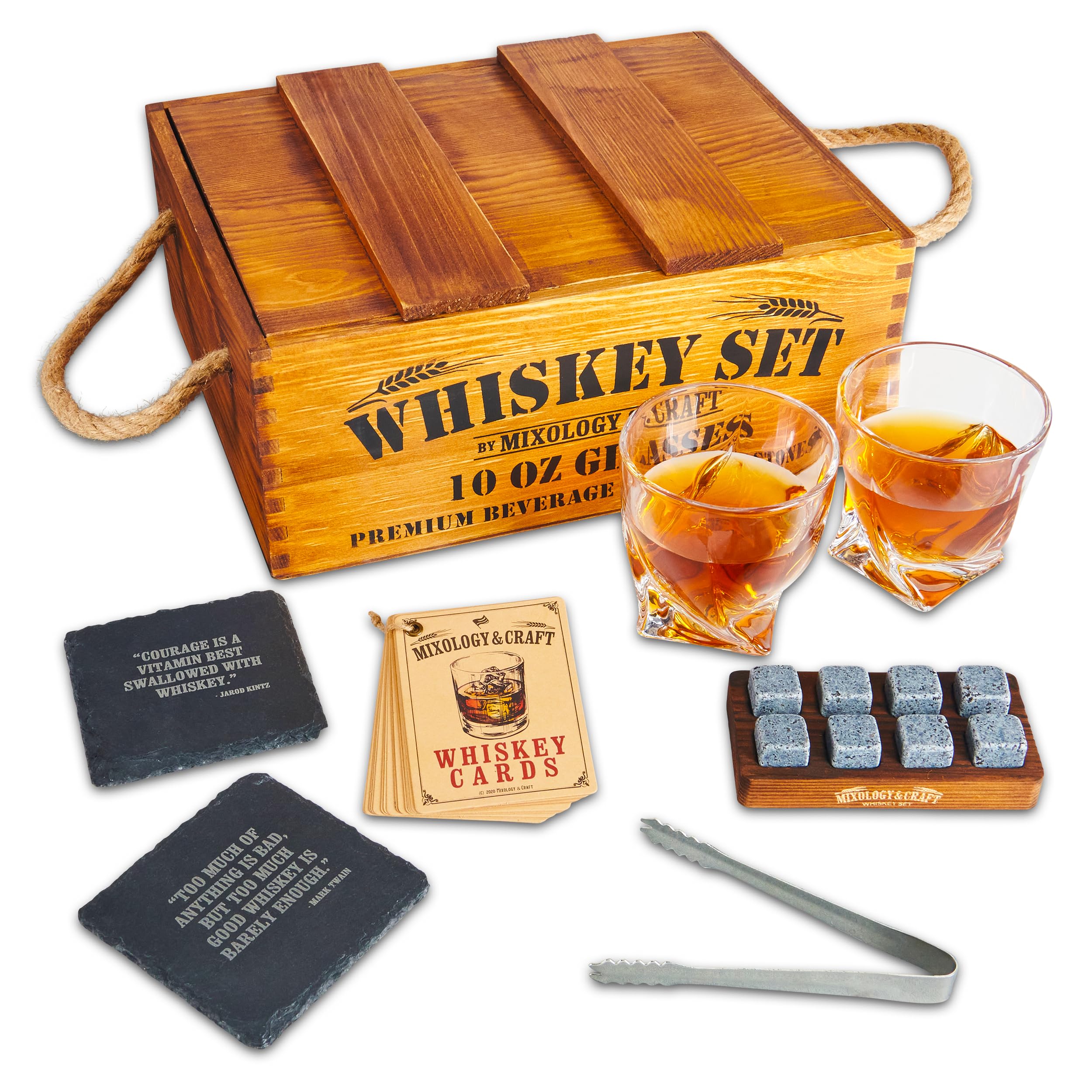 Mixology Whiskey Gift Set, Whiskey Glass Set with Rustic Wooden Crate, 8 Granite Whiskey Rocks Chilling Stones, 10oz Whiskey Glasses, Gift for Men, Dad, Husband, Boyfriend - Jameson Brown