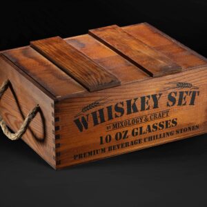 Mixology Whiskey Gift Set, Whiskey Glass Set with Rustic Wooden Crate, 8 Granite Whiskey Rocks Chilling Stones, 10oz Whiskey Glasses, Gift for Men, Dad, Husband, Boyfriend - Jameson Brown