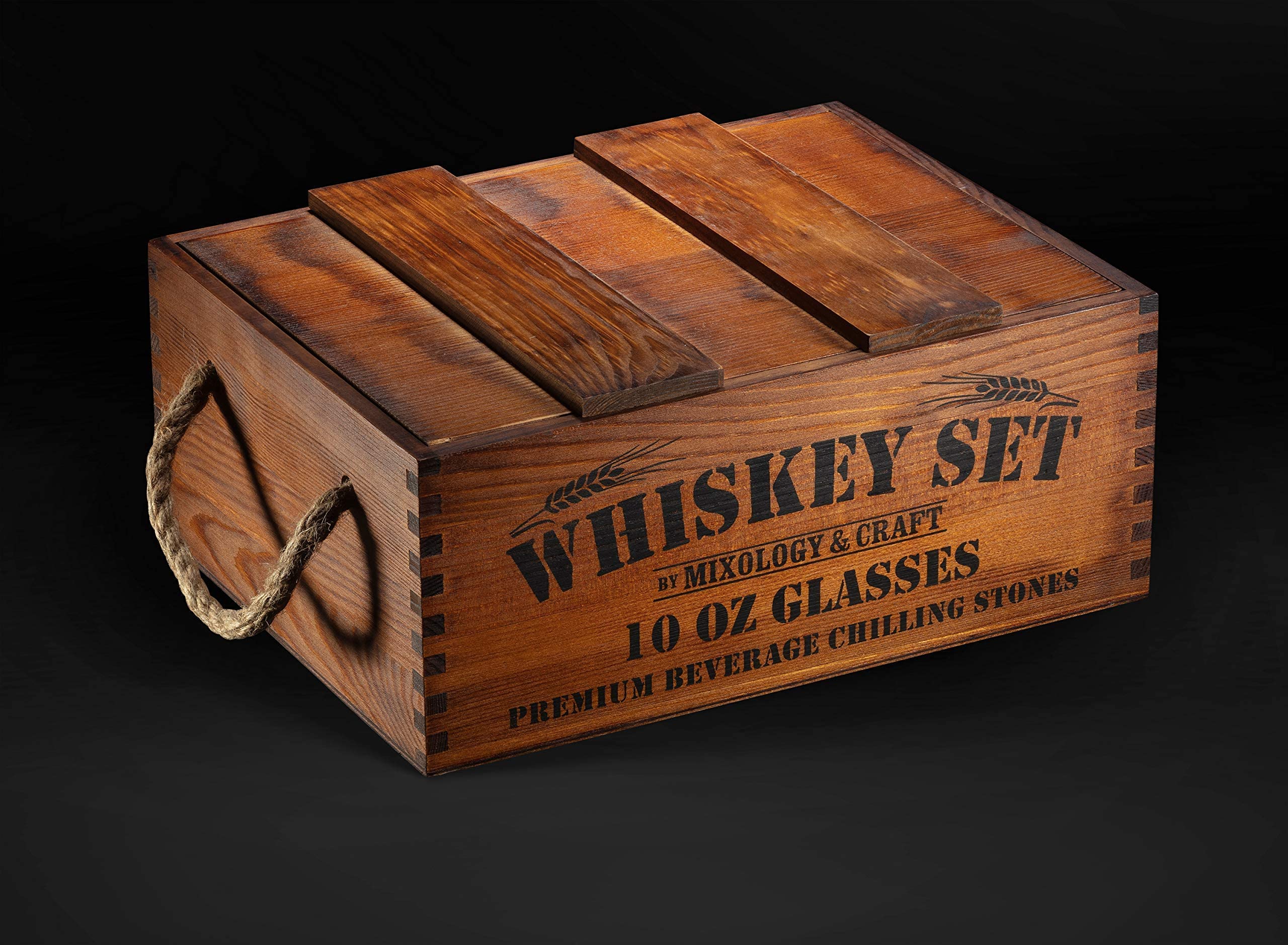 Mixology Whiskey Gift Set, Whiskey Glass Set with Rustic Wooden Crate, 8 Granite Whiskey Rocks Chilling Stones, 10oz Whiskey Glasses, Gift for Men, Dad, Husband, Boyfriend - Jameson Brown