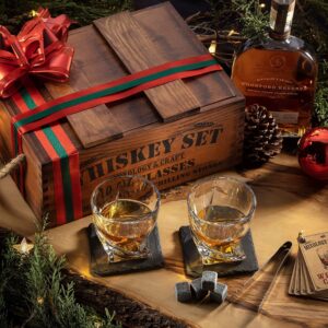 Mixology Whiskey Gift Set, Whiskey Glass Set with Rustic Wooden Crate, 8 Granite Whiskey Rocks Chilling Stones, 10oz Whiskey Glasses, Gift for Men, Dad, Husband, Boyfriend - Jameson Brown