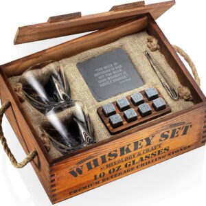 Mixology Whiskey Gift Set, Whiskey Glass Set with Rustic Wooden Crate, 8 Granite Whiskey Rocks Chilling Stones, 10oz Whiskey Glasses, Gift for Men, Dad, Husband, Boyfriend - Jameson Brown