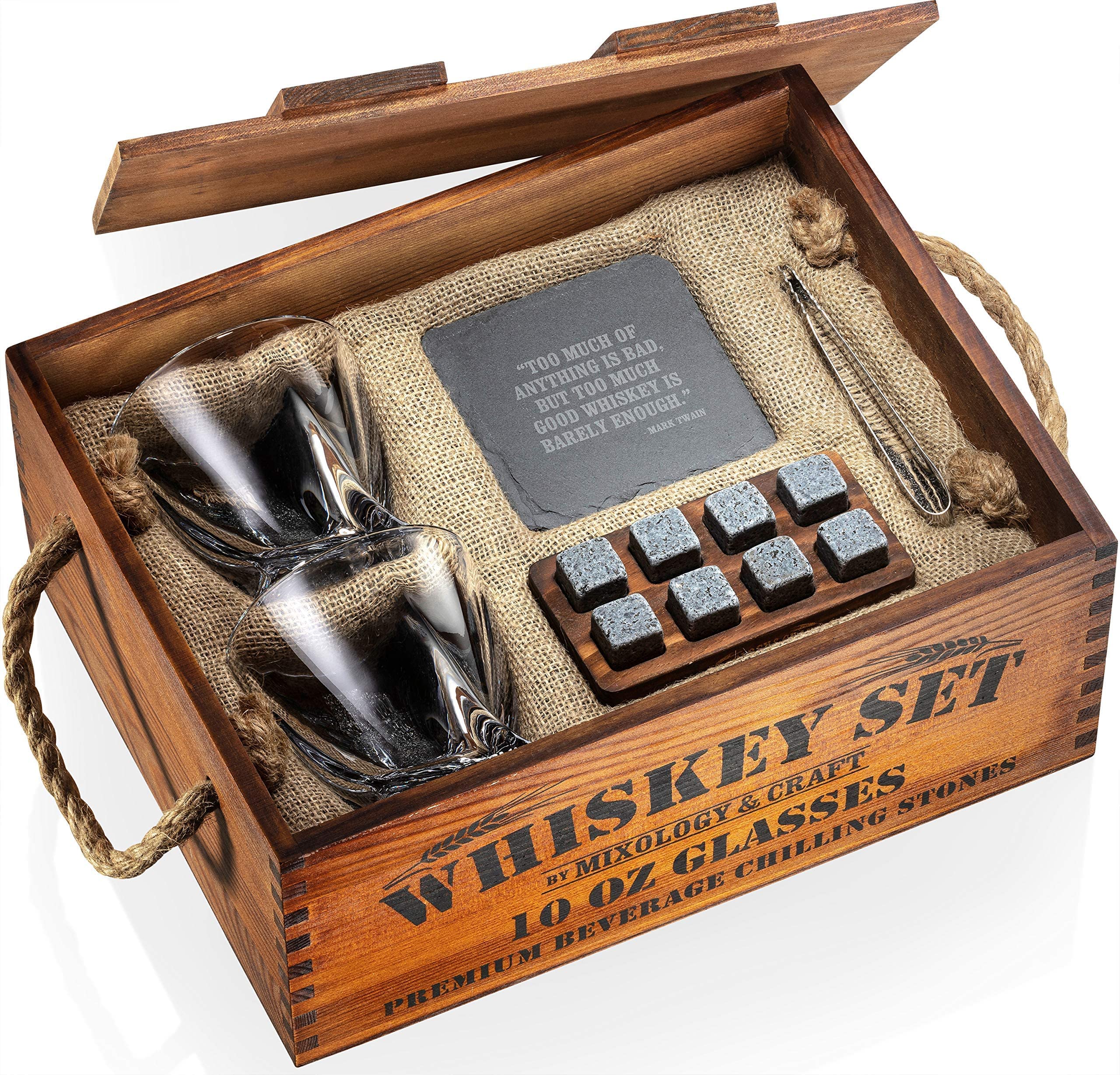 Mixology Whiskey Gift Set, Whiskey Glass Set with Rustic Wooden Crate, 8 Granite Whiskey Rocks Chilling Stones, 10oz Whiskey Glasses, Gift for Men, Dad, Husband, Boyfriend - Jameson Brown