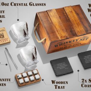 Mixology Whiskey Gift Set, Whiskey Glass Set with Rustic Wooden Crate, 8 Granite Whiskey Rocks Chilling Stones, 10oz Whiskey Glasses, Gift for Men, Dad, Husband, Boyfriend - Jameson Brown