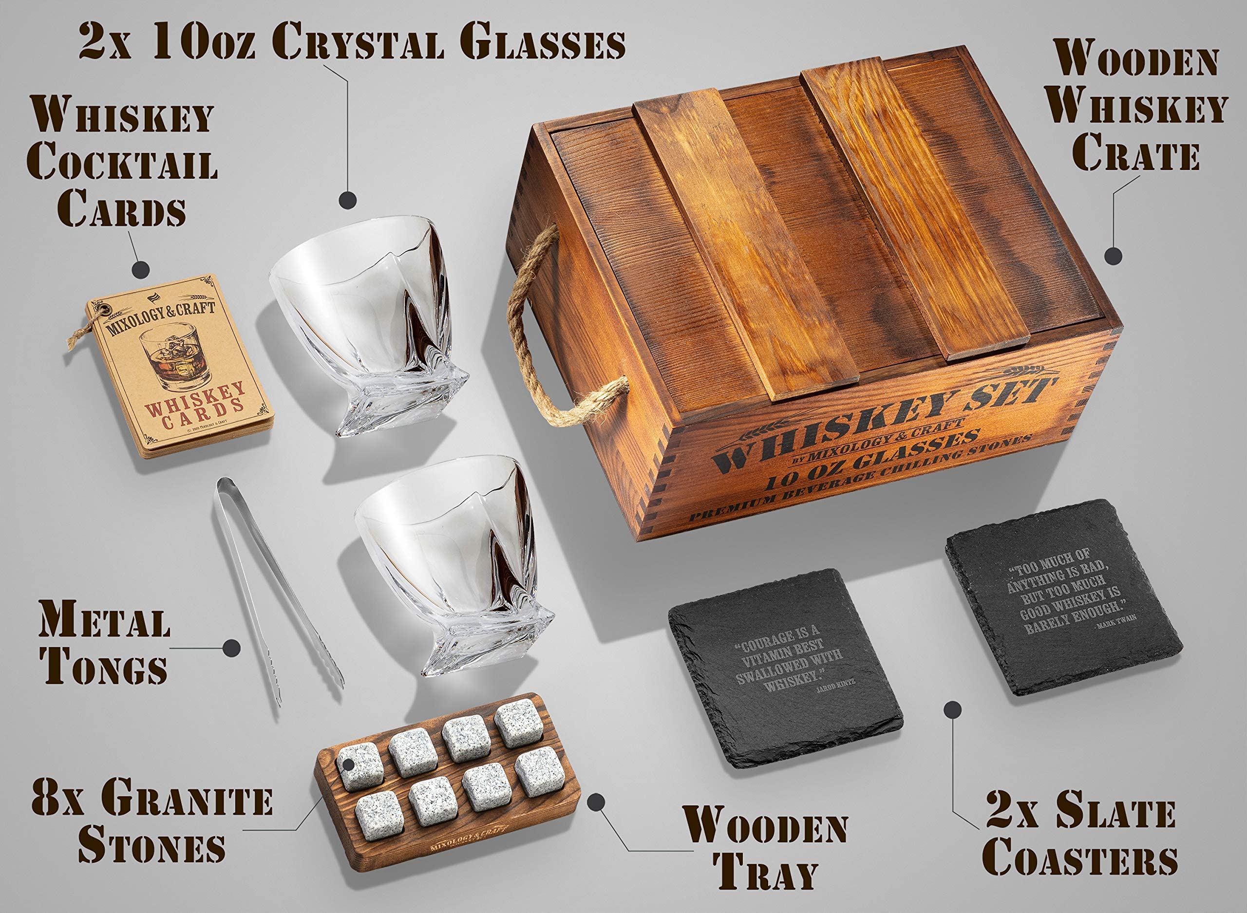 Mixology Whiskey Gift Set, Whiskey Glass Set with Rustic Wooden Crate, 8 Granite Whiskey Rocks Chilling Stones, 10oz Whiskey Glasses, Gift for Men, Dad, Husband, Boyfriend - Jameson Brown