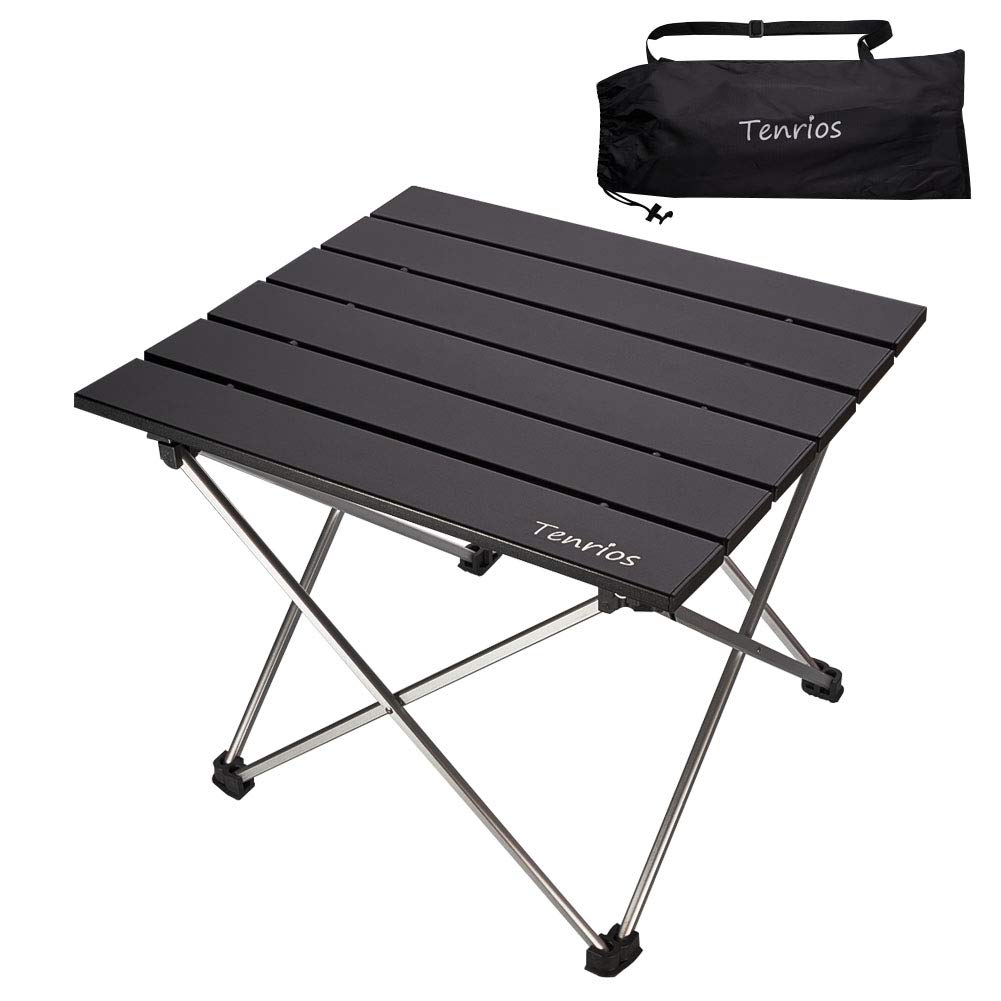 TENRIOS Portable Camping Table, Collapsible Beach Table Folding Side Table Aluminum Top with Carry Bag for Outdoor Cooking, Hiking, Travel, Picnic, RV Fold Black