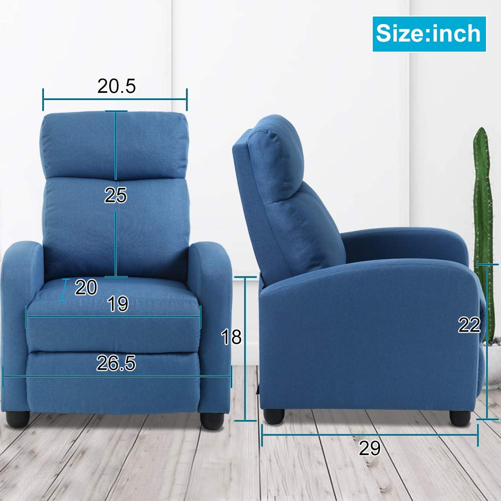 Dkeli Recliner Chair for Living Room Padded Wide Seat Sofa Fabric Massage Reclining Chair with Footrest & Backrest, Wingback Heavy Duty Modern Single Sofa Home Theater Seating Easy Lounge, Blue