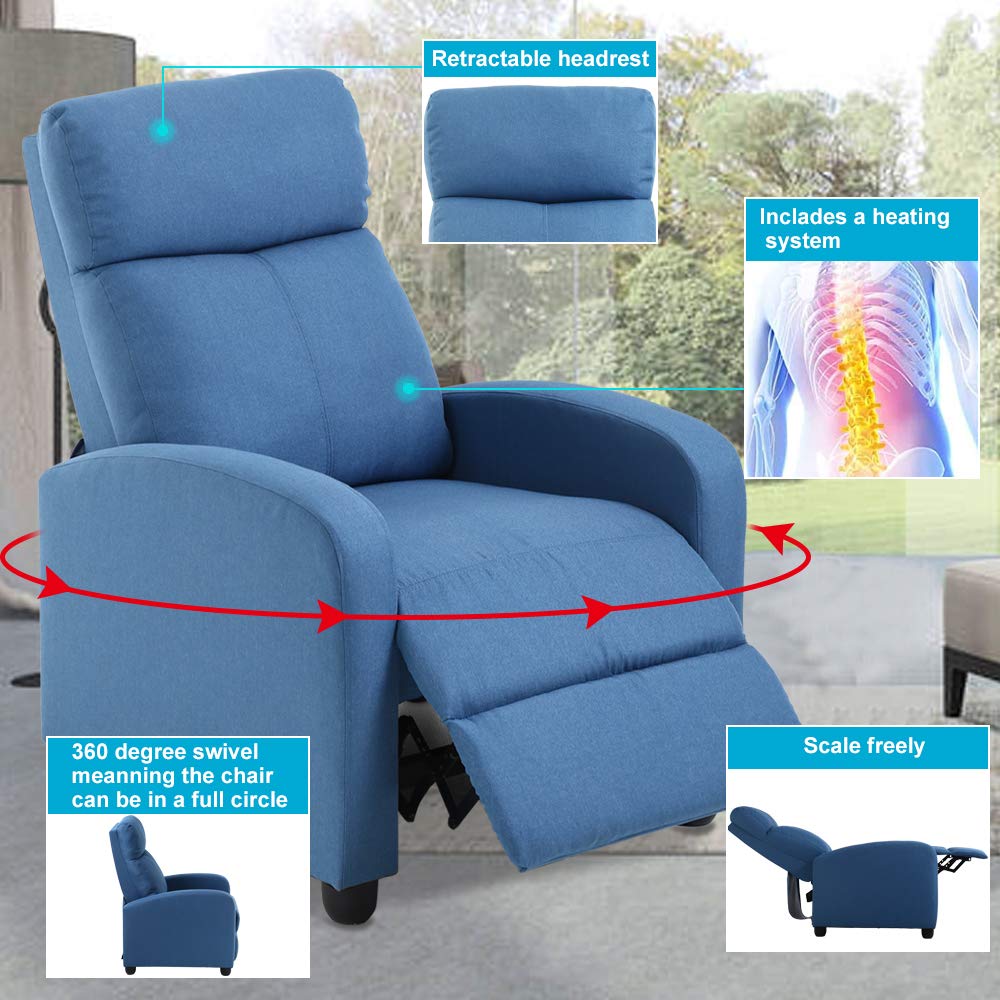 Dkeli Recliner Chair for Living Room Padded Wide Seat Sofa Fabric Massage Reclining Chair with Footrest & Backrest, Wingback Heavy Duty Modern Single Sofa Home Theater Seating Easy Lounge, Blue