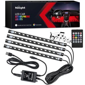 nilight 48 leds dc 5v multicolor music car strip light under dash lighting kit with sound active function and wireless remote control, 2 years warranty, 4pcs usb interior lights