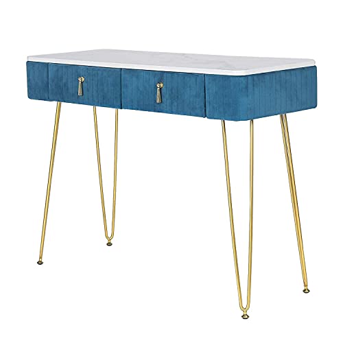 Joveco 39’’ Vanity Table with 2 Drawers- Modern Makeup Vanity Desk- Dressing Table Small Desks for Bedrooms- Home Office Computer Desk- White Marble Wood Veneer/Gold Metal Legs/Blue Soft Microfiber