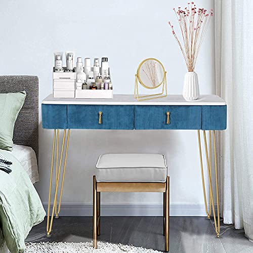 Joveco 39’’ Vanity Table with 2 Drawers- Modern Makeup Vanity Desk- Dressing Table Small Desks for Bedrooms- Home Office Computer Desk- White Marble Wood Veneer/Gold Metal Legs/Blue Soft Microfiber