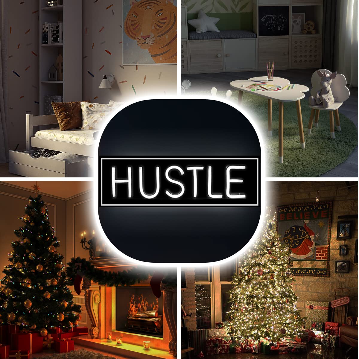 Hustle Neon Sign for Wall Decor Large LED Neon Lights Party Decorations for Bedroom 19.7x4.9" Night Light USB Powered for Office Kid's Home Gym Bar Gaming Cafe Wedding,Christmas Gift（White）