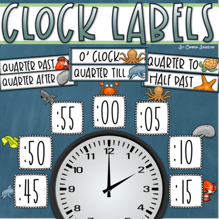 Clock Labels Telling Time Ocean Underwater Theme