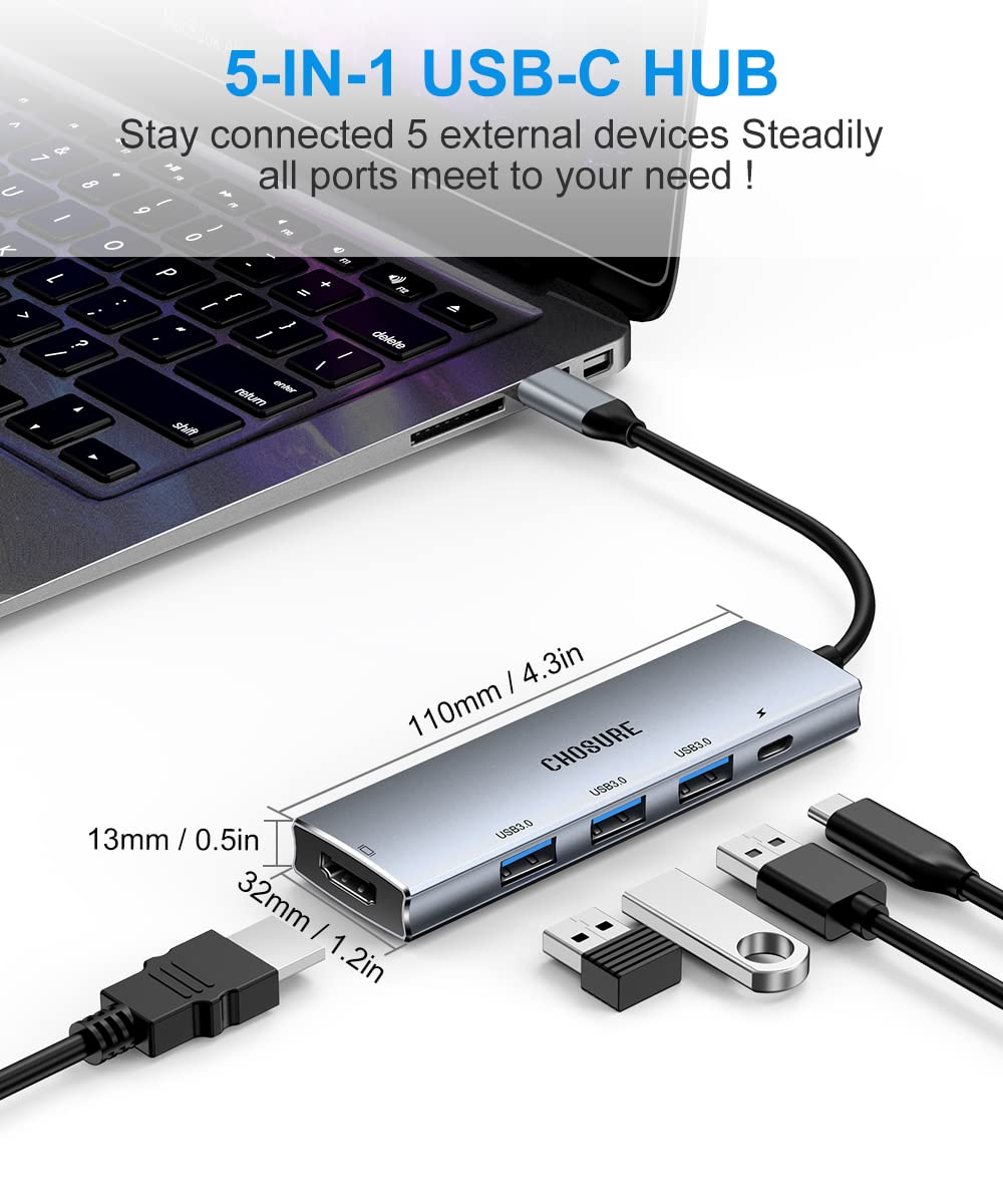 USB C Hub, 5 in 1 USB-C Splitter Thunderbolt 3 Hub to 4K HDMI Adapter for MacBook, USB 3.0 Port, 100W PD,Chosure Type C Dongle Compatible with MacBook Pro Air HP XPS Steam Deck and More Type C Devices
