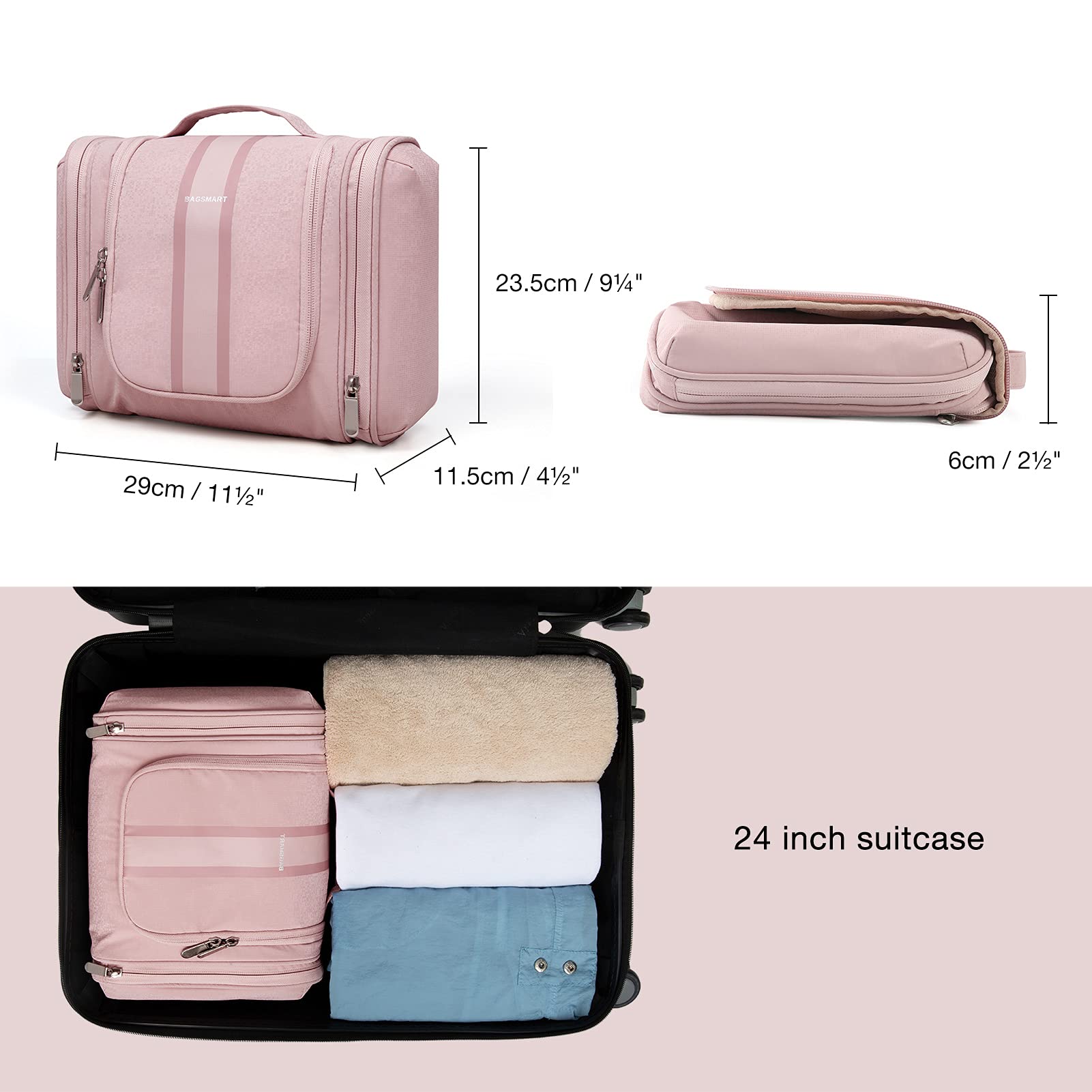 BAGSMART Toiletry Bag for Women, Travel Toiletry Organizer with hanging hook, Water-resistant Cosmetic Makeup Bag Travel Organizer for Shampoo, Full-size Container, Toiletries, Pink-Medium