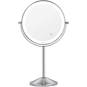 kdkd lighted makeup mirror 7x magnifying swivel vanity mirror with 72 led lights 3 color modes, 8 inch round tabletop standing polished chrome finished cosmetic mirror rechargeable.
