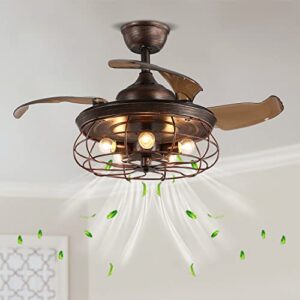 36" industrial reverse ceiling fan with lights, siljoy vintage rusty cage chandelier fan retractable blades fandelier with remote control for farmhouse dining room bedroom, 5 e26 bulbs not included