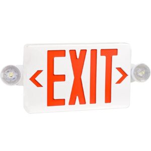 red led exit sign with emergency lights, two led adjustable head emergency exit lights with battery backup, dual led lamp abs fire resistance ul-listed 120-277v