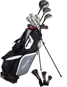 precise m5 men's complete golf clubs package set includes titanium driver, s.s. fairway, s.s. hybrid, s.s. 5-pw irons, putter, stand bag, 3 h/c's (left hand tall size +1")