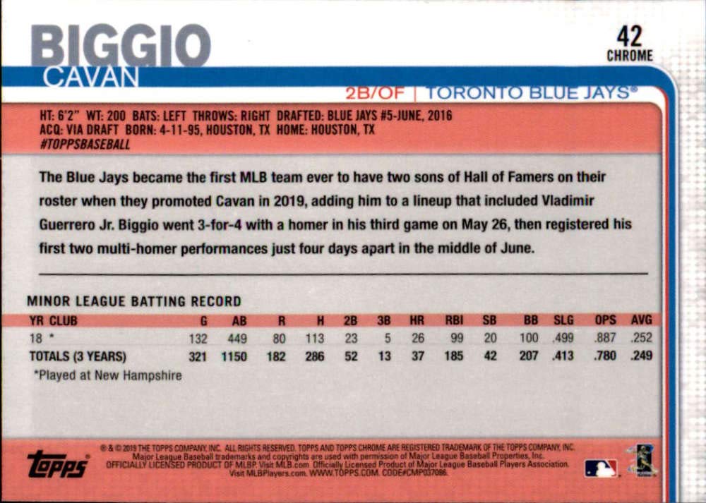 2019 Topps Chrome Update Baseball #42 Cavan Biggio RC Rookie Card Toronto Blue Jays Official MLB Baseball Trading Card From Topps