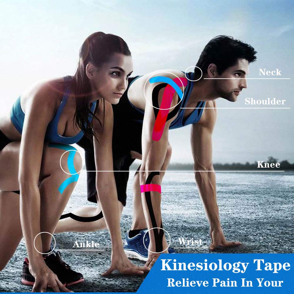 KISEER 4 Pack Kinesiology Tape 16ft Latex Free Elastic Waterproof Breathable Athletes Sports Tape for Knees, Ankles, Elbow, Pain Relief and Shoulder Muscle (Black, Skin)