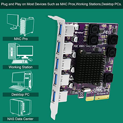 FebSmart 5X 10Gbps USB-A Ports PCIE USB 3.1 GEN2 Expansion Card for Windows 11, 10, 8.x, 7(32/64bit), Windows Server, MAC OS and Linux Desktop PCs, Built in Self-Powered Technology (FS-A5-Pro)