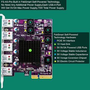 FebSmart 5X 10Gbps USB-A Ports PCIE USB 3.1 GEN2 Expansion Card for Windows 11, 10, 8.x, 7(32/64bit), Windows Server, MAC OS and Linux Desktop PCs, Built in Self-Powered Technology (FS-A5-Pro)