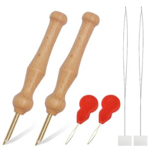 2 pack punch needle, wooden embroidery pen punch needle set large punch needle with needle threader for diy craft stitching