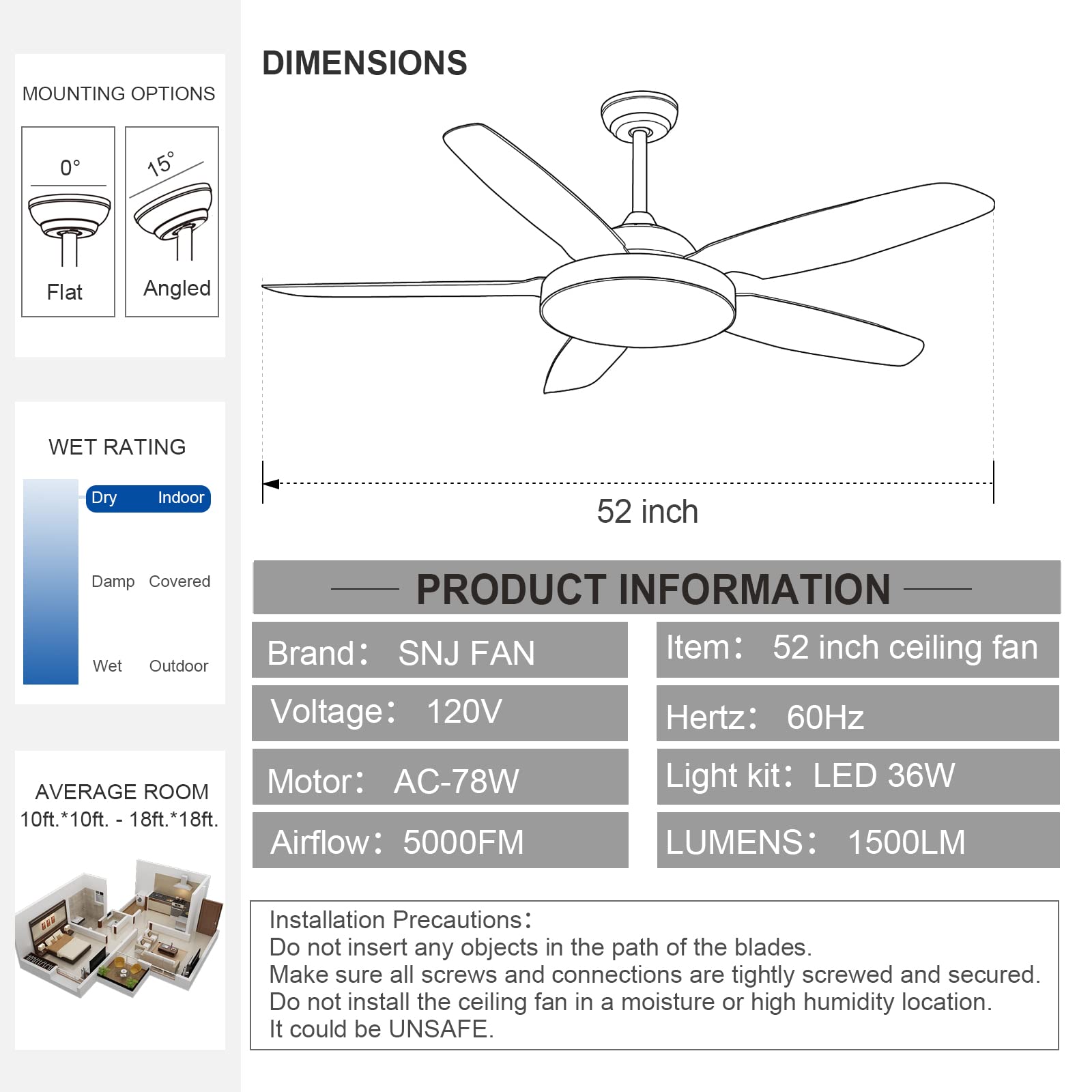 SNJ ceiling fans with lights and remote,Quiet Motor, Easy Install Ideal for Bedroom