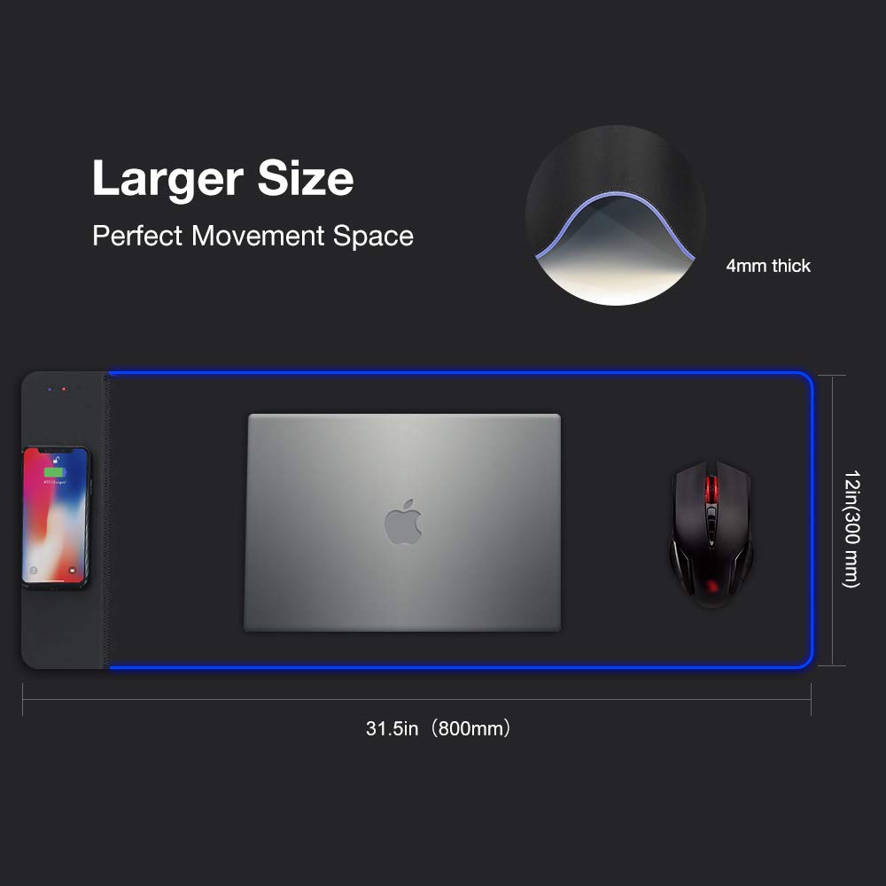 RGB Gaming Wireless Charging Black Mouse Pad,31.5x12 Inch Large and Long 10W Fast Wireless Charger Extended Mousepad XL LED Mouse Pad for PC/Computer/Laptop