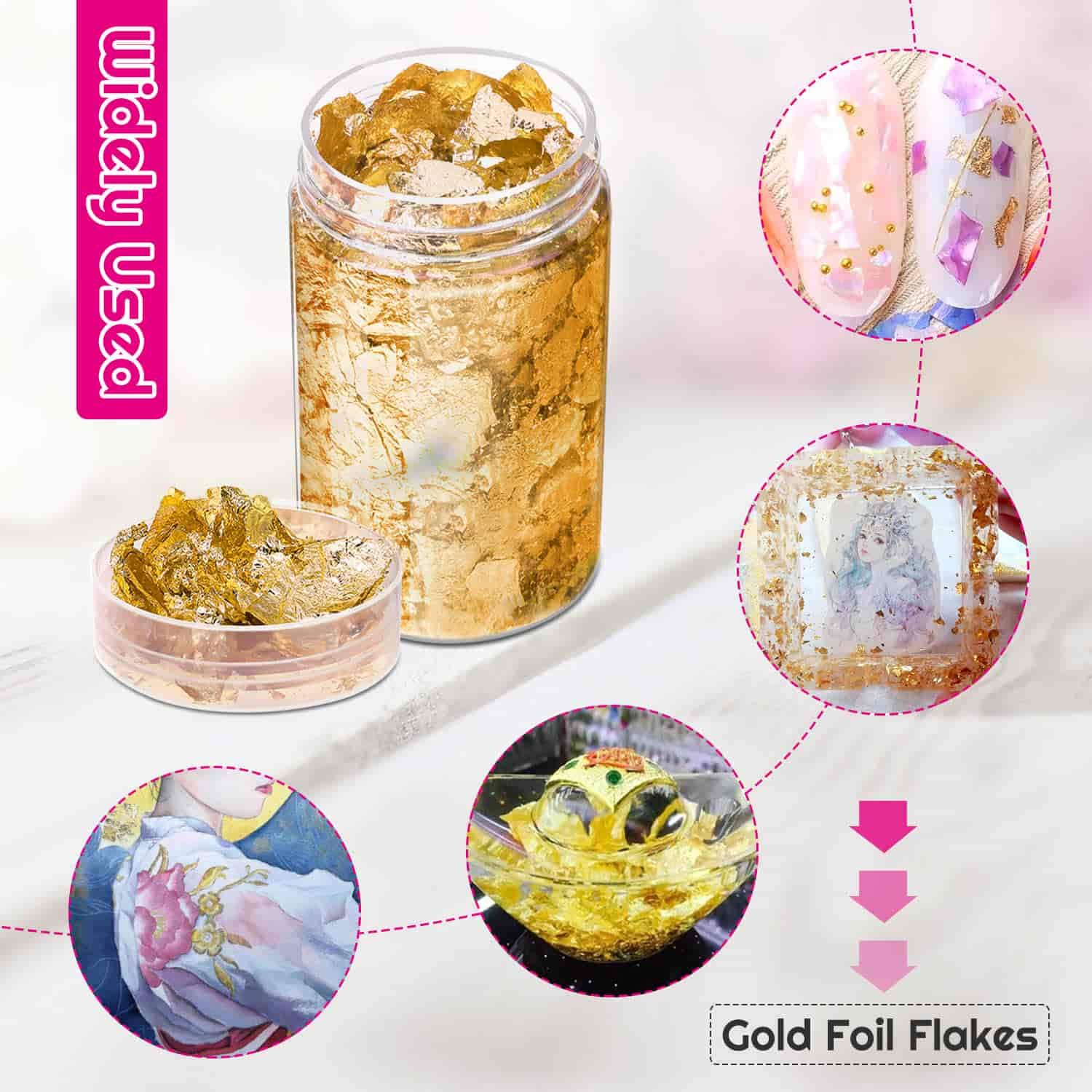 Gold Flakes for Resin, Paxcoo Gold Foil for Nails, Gold Foil Flakes Imitation Gold Leaf for Jewelry Resin, Nails and Jewelry Making, 5 Grams