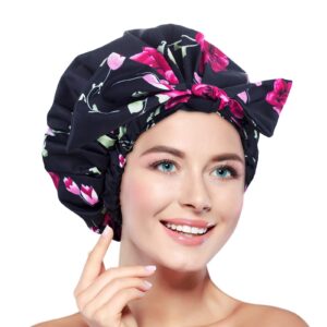 reusable shower cap for women long hair, waterproof large shower caps adjustable, washable, breathable