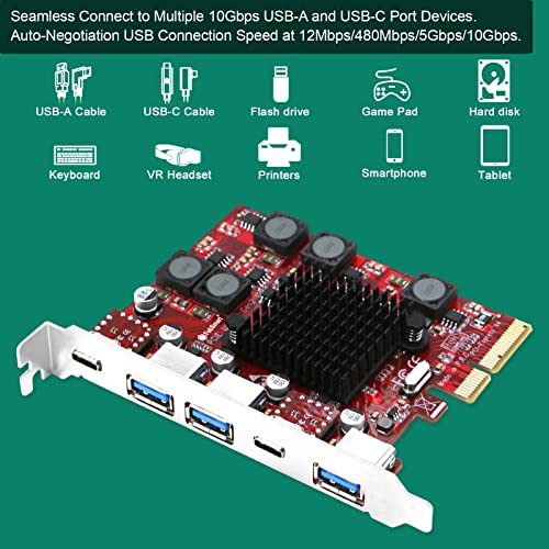 FebSmart 2X USB-C & 3X USB-A 10Gbps Ports PCIE USB 3.1 GEN2 Card for Windows 11, 10, 8.x, 7(32/64bit), Windows Server, MAC OS and Linux Desktop PCs, Built in Self-Powered Technology (FS-A3C2-Pro)