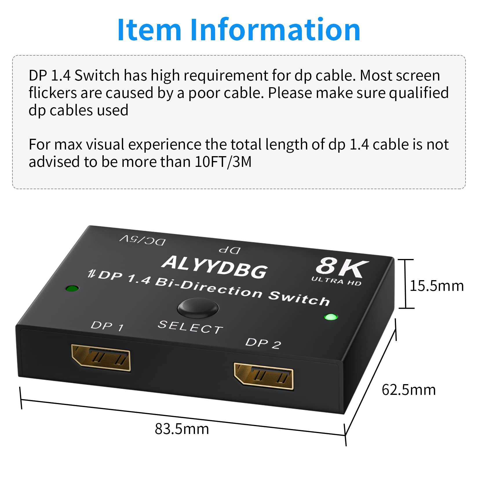 ALYYDBG 8K Display Port Switch, Bidirectional DP 1.4 Switcher Box with One-Click Switching, Supports 2 in 1 Out / 1 in 2 Out; 8K@60Hz, 4K@120Hz, 1080P@240Hz for PC Monitor Laptop