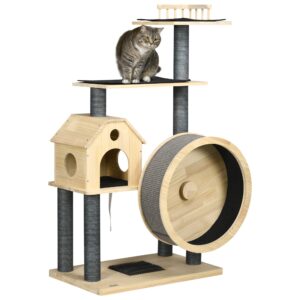 PawHut 56" Cat Tree Activity Condo Luxury Pine Wood with Hamster-Wheel, Sisal Scratching Posts, Elevated Perches, & Roomy Interior