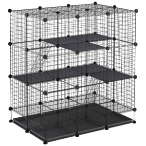pawhut small animal playpen c&c cage wire bunny pen for kitten, chinchillas, with doors, ramps and trays, black