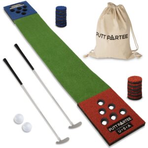putt partee golf pong putting game, portable indoor-outdoor golf game set with realistic putting green, 2 real golf balls, 2 golf putters & travel bag, fun tailgate games and yard games