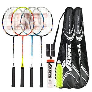 silver’s 4 player uni-piece semi-graphite badminton racket set | includes 4 rackets, 2 badminton bags, 6 nylon shuttlecocks and 2 extra replacement overgrip tapes.