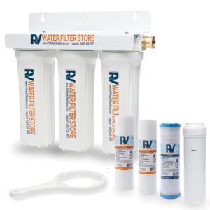 rv water filter store - 3 stage water filtration system - includes heavy metal filter, 1 micron sediment filter, and 0.5 micron carbon block filter - high flow, standard bracket, purified water for rv