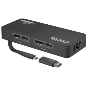 Plugable 4K DisplayPort and HDMI Dual Monitor Adapter with Ethernet for USB 3.0 and USB-C, Compatible with Windows and Mac