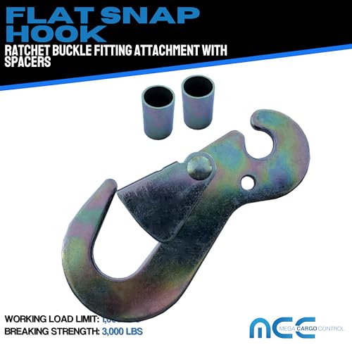 Mega Cargo Control Flat Snap Hook w/Spacers Replacement Ratchet Fittings | for Ratchet Buckles and Tie Down Straps | Secure Hooks in Tow Truck Trailer (8-Pack)