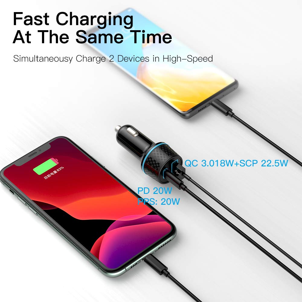 USB Car Charger, WORDIMA USB C Car Charger PD20W/PPS20W & QC3.0 18W/SCP22.5W Car Adapter, Compatible with iPhone13 pro max/iPad Pro/Samsung/Google Pixel/Oneplus (Black)